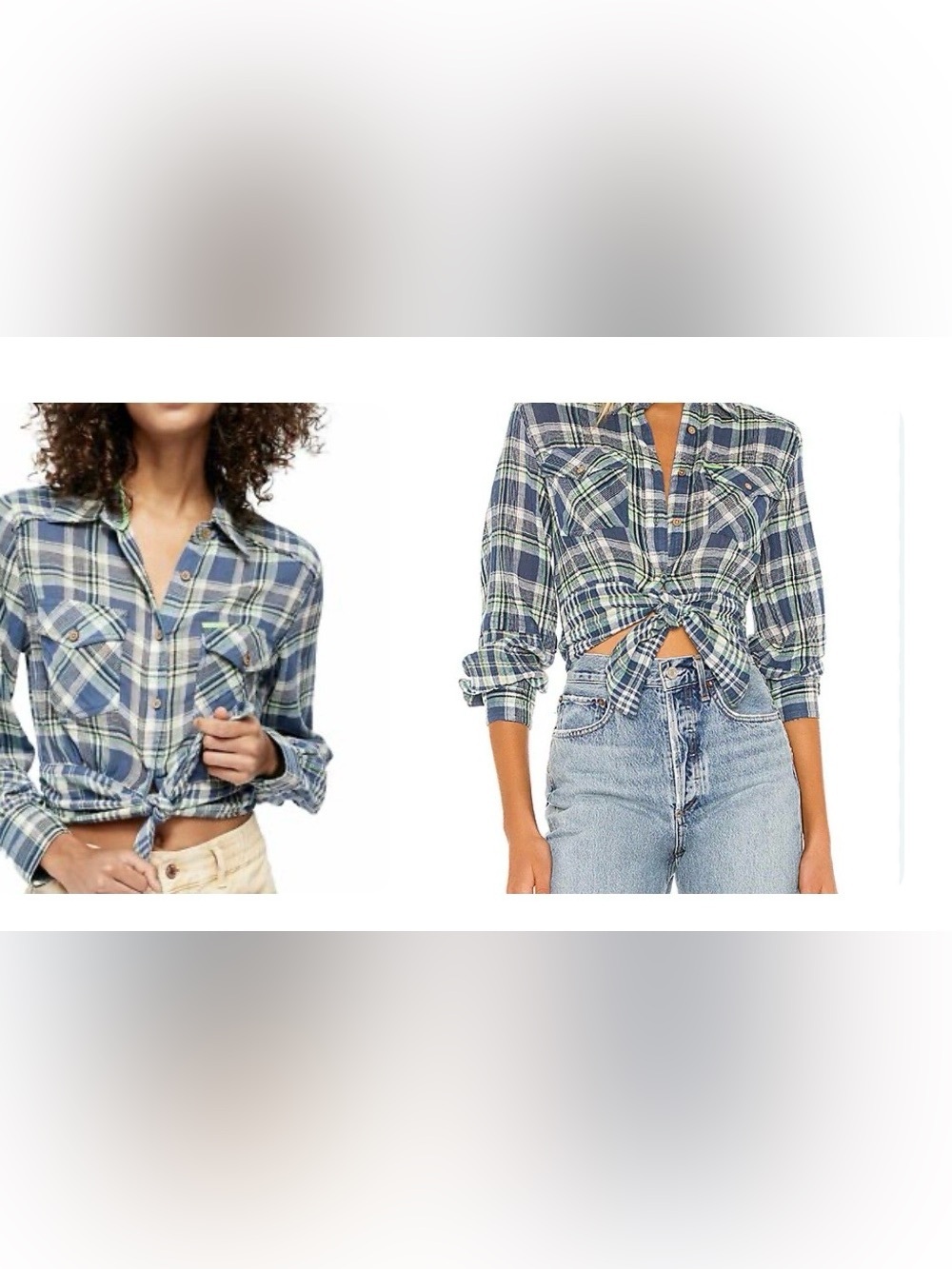 Free People Blue and Green Plaid Tie-Front Button Down Shirt